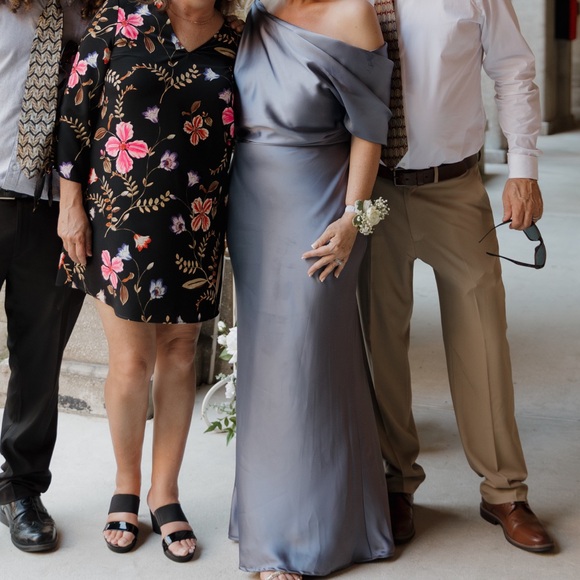 Amsale Slouch Dress - Draped Satin One-Shoulder Gown in Slate - Picture 4 of 4